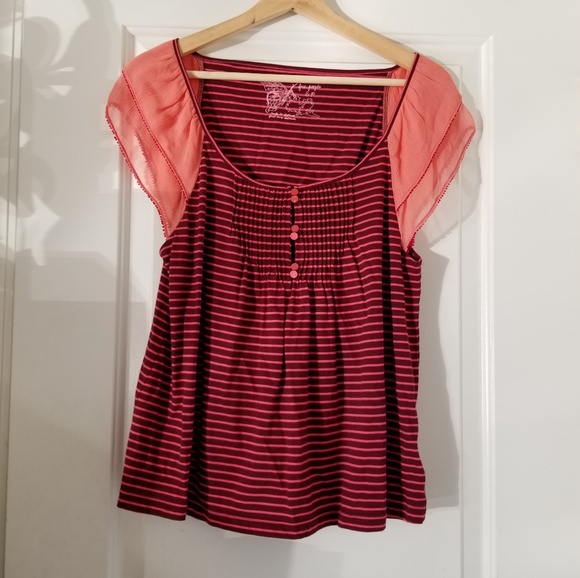 Free People Tops - Free People Striped Silk Flutter Sheer Lace Short Sleeve Top Shirt Size Small